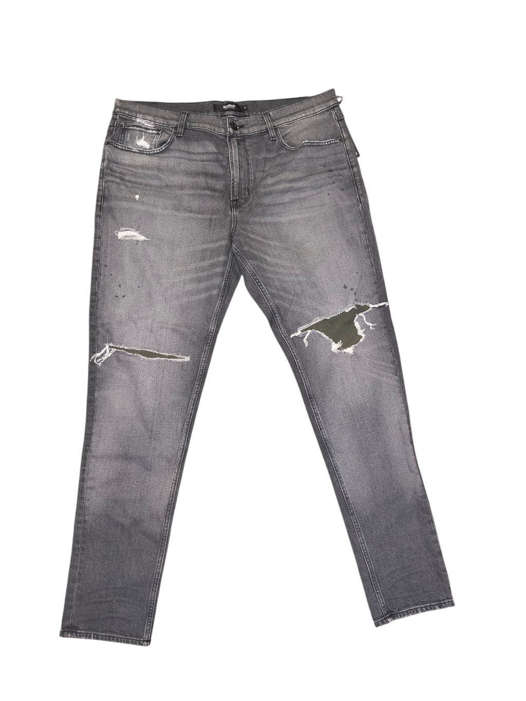 Awsum Thrift Hudson Jeans in grey denim with distressed knee rips and olive green patch detailing