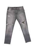 Awsum Thrift Hudson Jeans in grey denim with distressed knee rips and olive green patch detailing