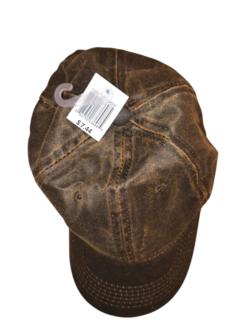 Awsum Thrift Signatures brown distressed faux leather waxed dad hat with curved brim and retail tag