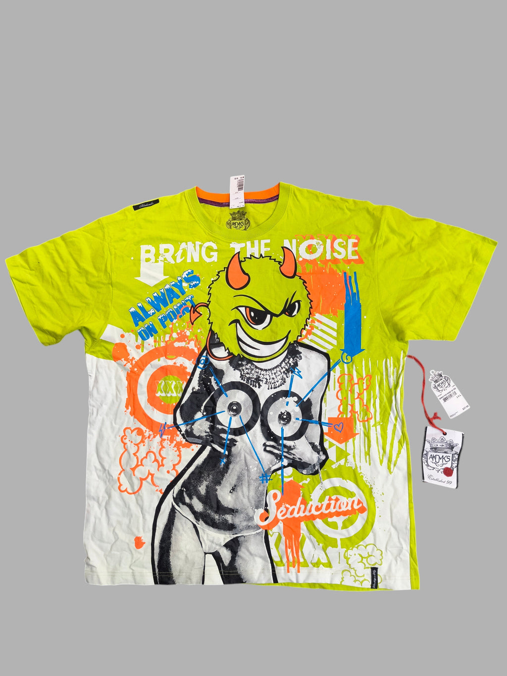 Awsum Thrift Akademiks lime green heavyweight cotton graphic tee with graffiti devil print and orange collar trim