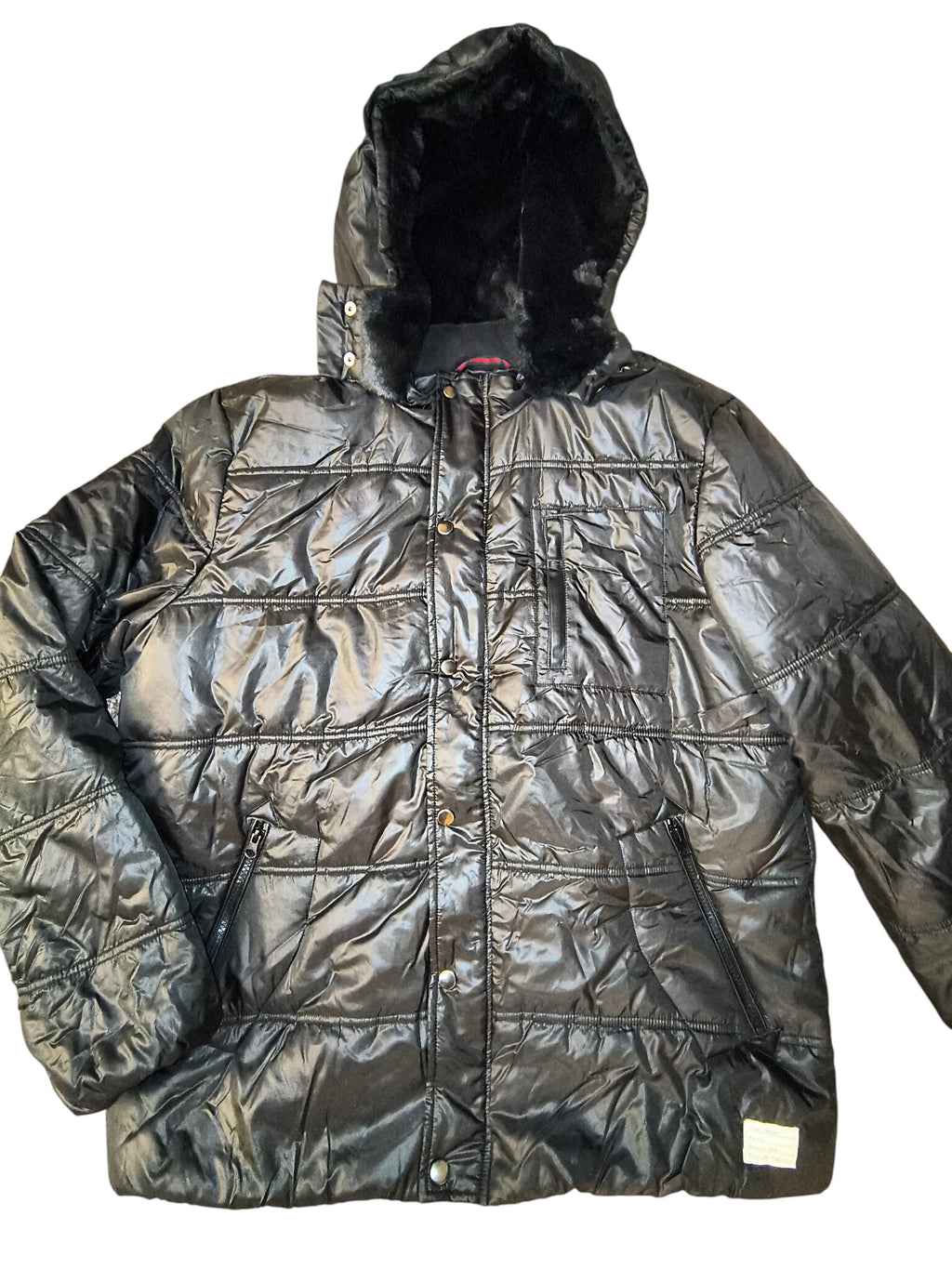 Awsum Thrift Adam Levine black quilted insulated nylon jacket with faux-fur lined hood and brass snap storm flap.