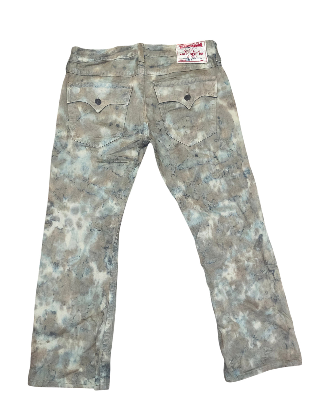 Awsum Thrift True Religion camo print jeans with back flap pockets and branded leather patch on white background