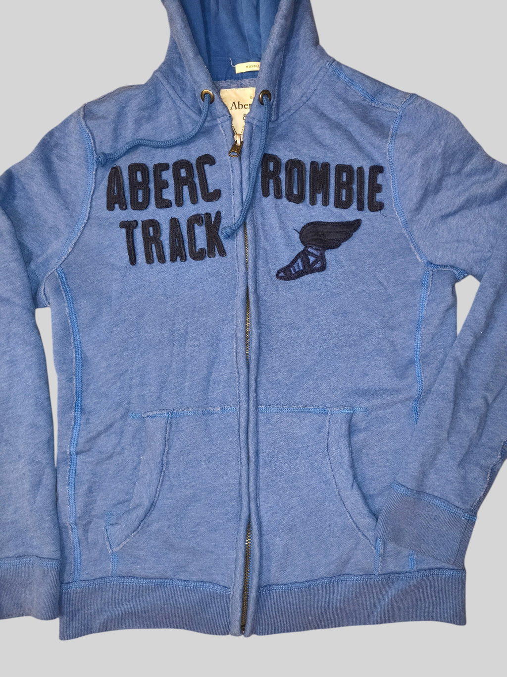 Awsum Thrift vintage Abercrombie & Fitch blue fleece full-zip hoodie with raw-edge appliqué and winged shoe logo
