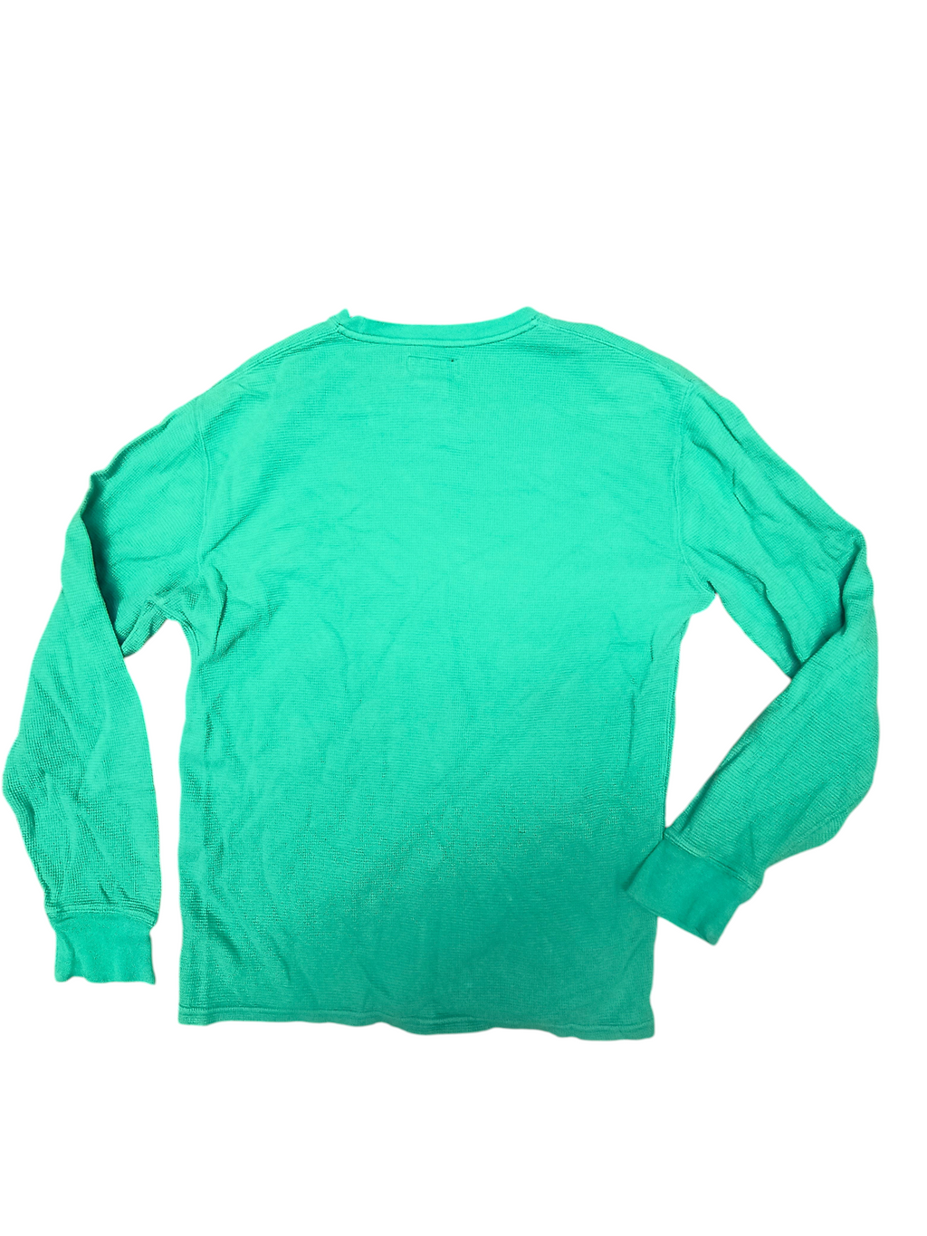 Back view of a bright green Awsum Thrift long-sleeve waffle knit polo shirt with ribbed cuffs