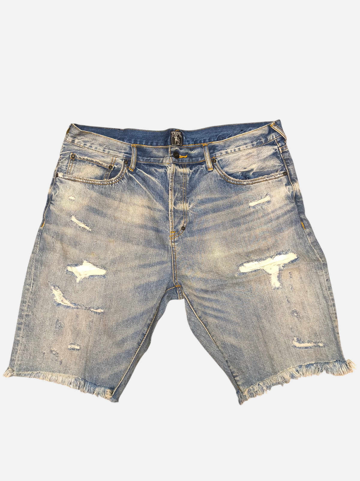 Awsum Thrift PRPS blue denim shorts featuring a distressed, ripped finish and a frayed raw hem.
