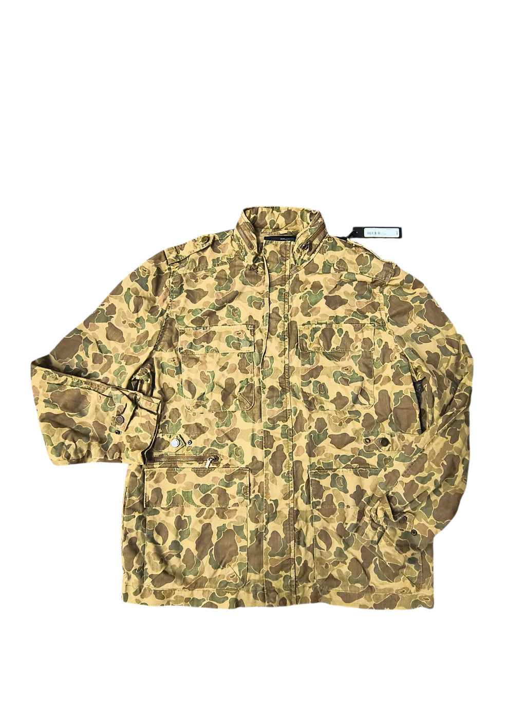 Awsum Thrift William Rast duck hunter camo military field jacket with utility pockets and stand-up collar
