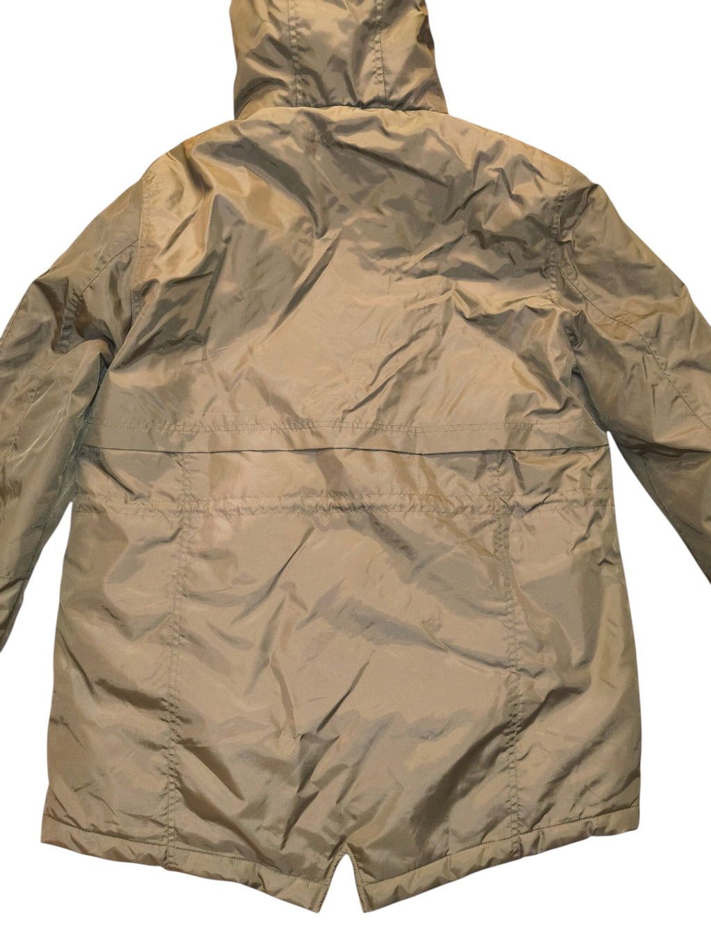 Back view of an Awsum Thrift Adam Levine green hooded utility coat with a drawstring waist and fishtail hem