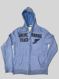 Awsum Thrift vintage Abercrombie & Fitch blue fleece full-zip hoodie with raw-edge track appliqué and winged shoe
