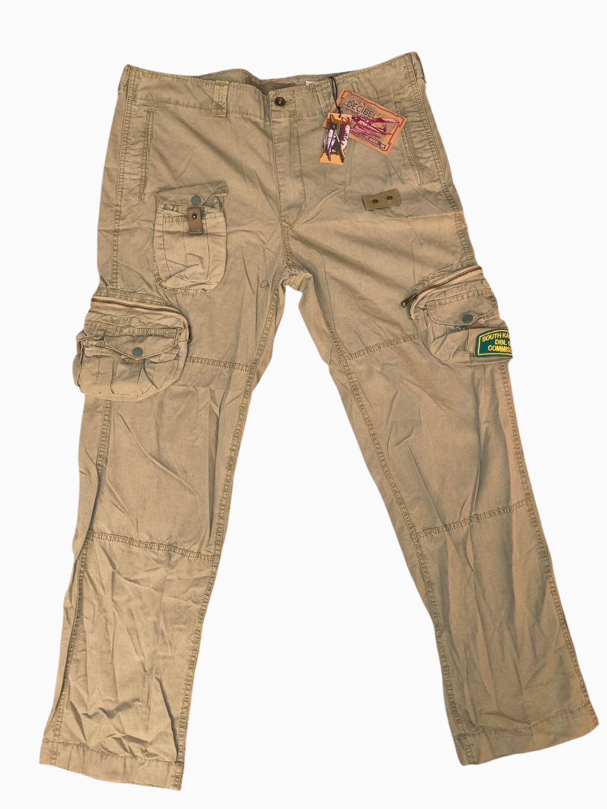 Awsum Thrift Decibel khaki tan cotton canvas tactical cargo pants with utility pockets and South Kapiti Plains patch