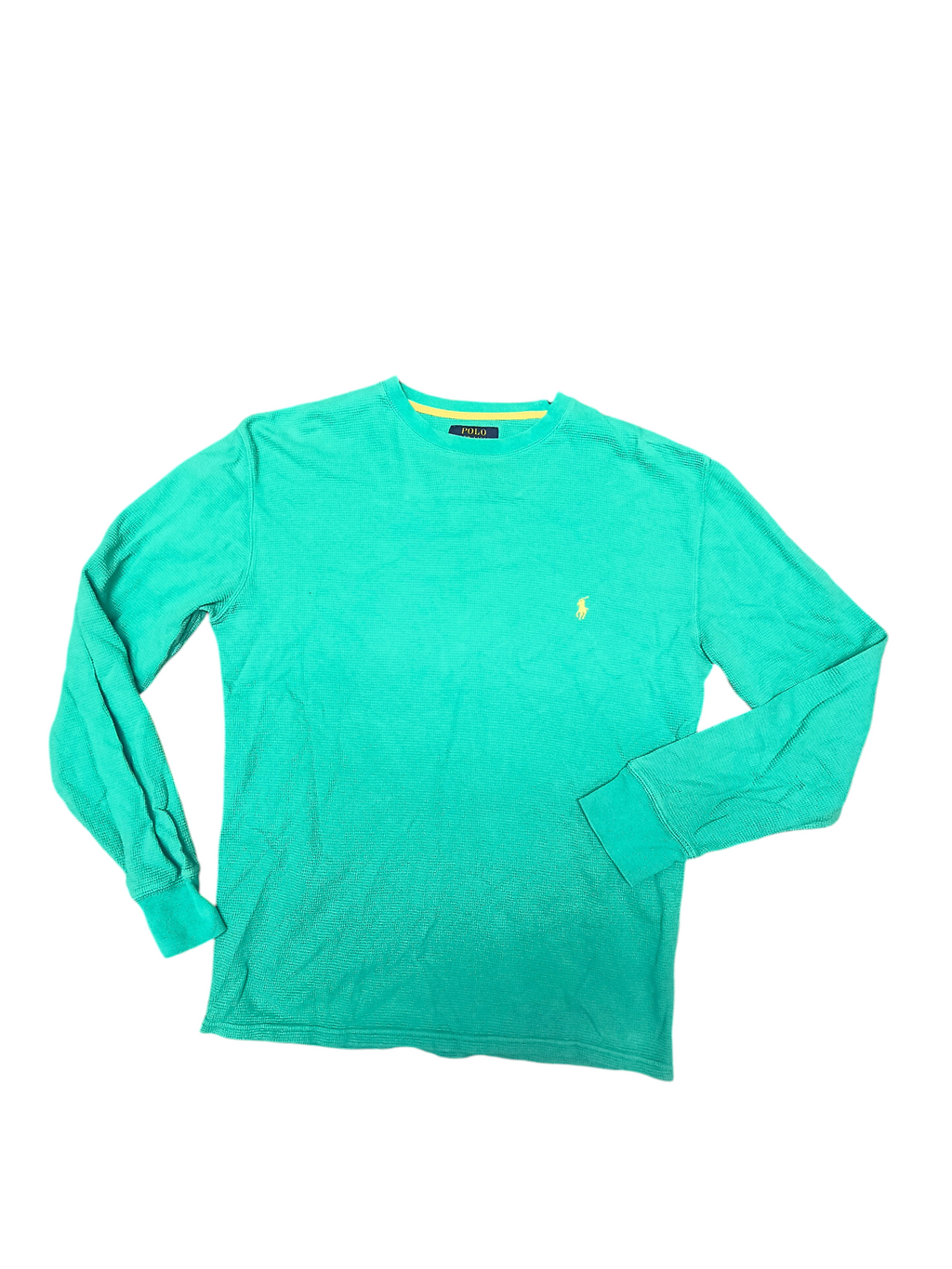 Awsum Thrift green long sleeve waffle knit polo shirt with yellow collar trim and embroidered logo