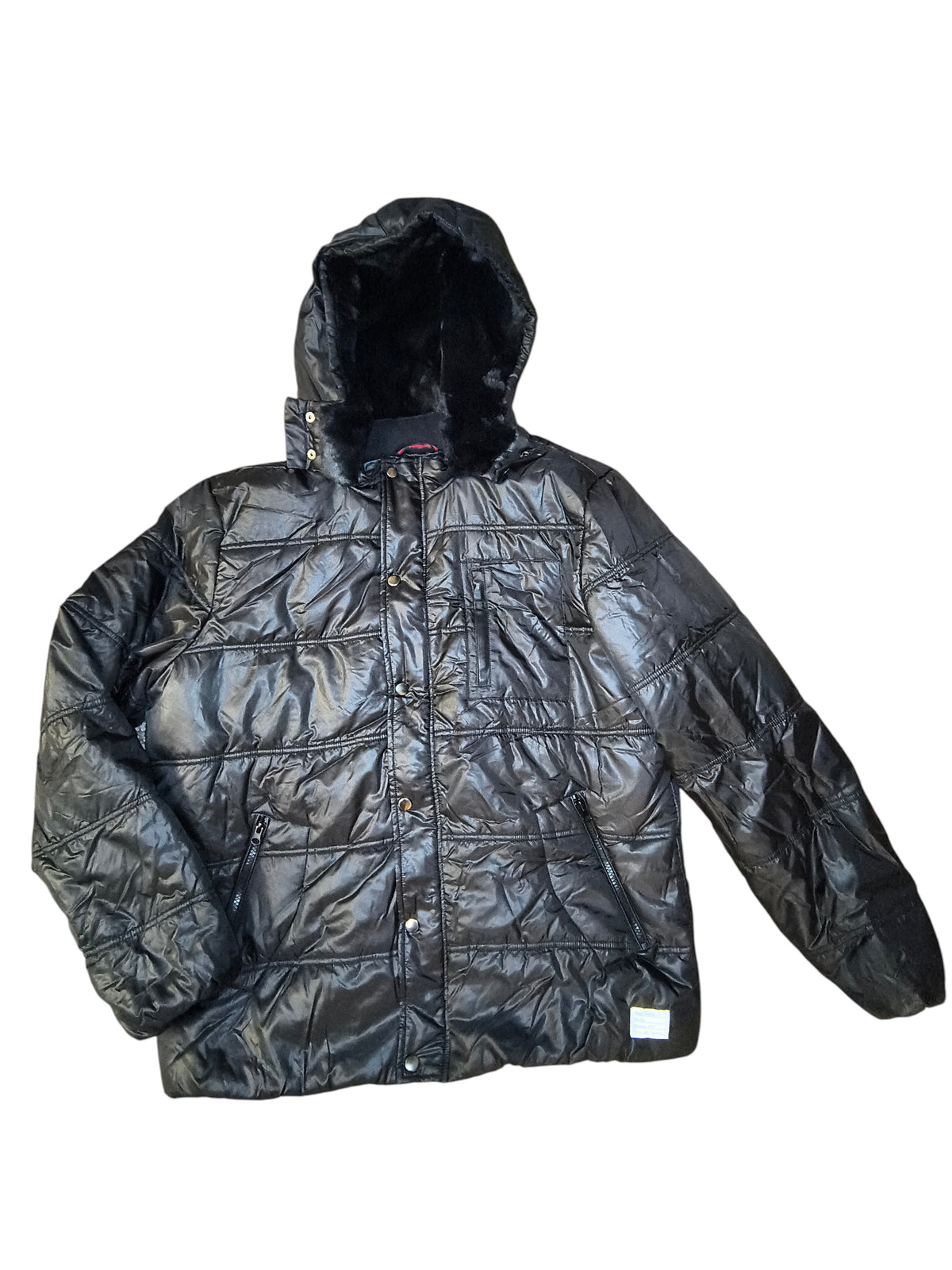 Awsum Thrift Adam Levine black quilted insulated nylon jacket with faux-fur lined hood and brass snap storm flap