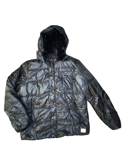 Awsum Thrift Adam Levine black quilted insulated nylon jacket with faux-fur lined hood and brass snap storm flap