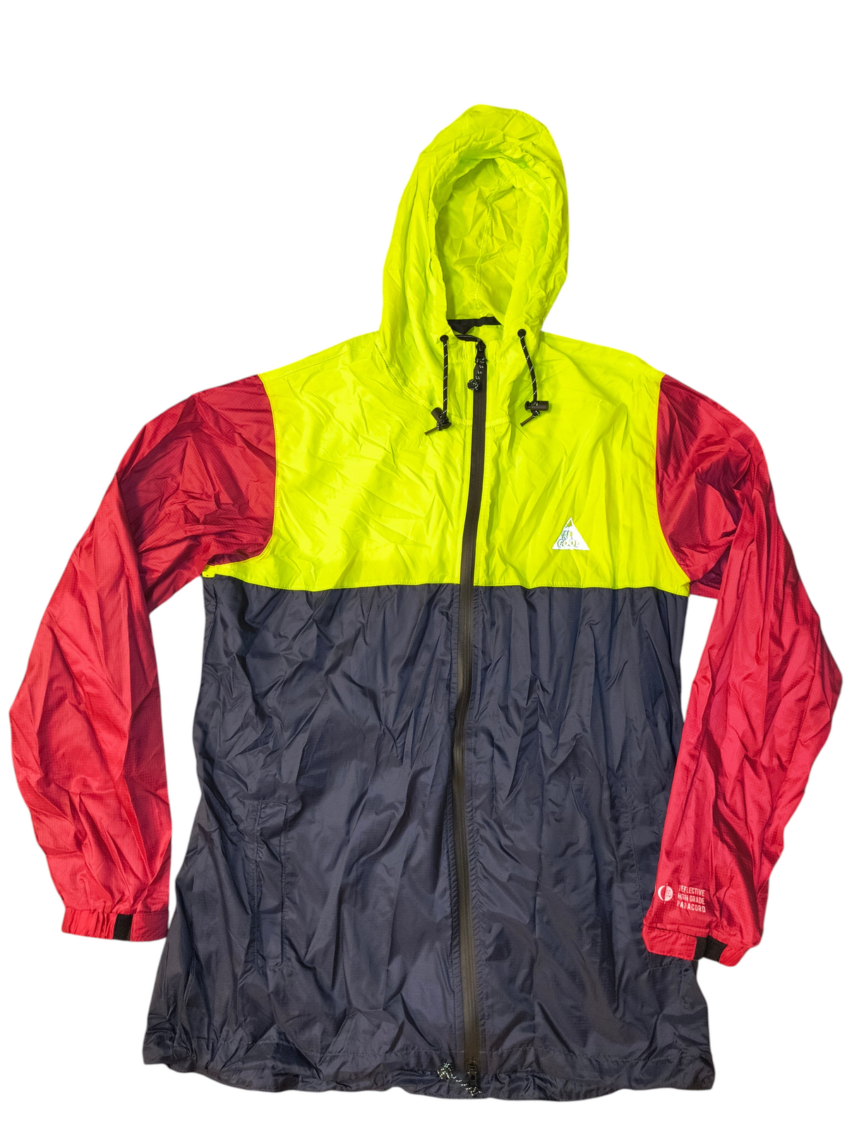 Awsum Thrift All Good colorblock windbreaker with neon yellow, navy blue, and burgundy panels and drawstring hood.
