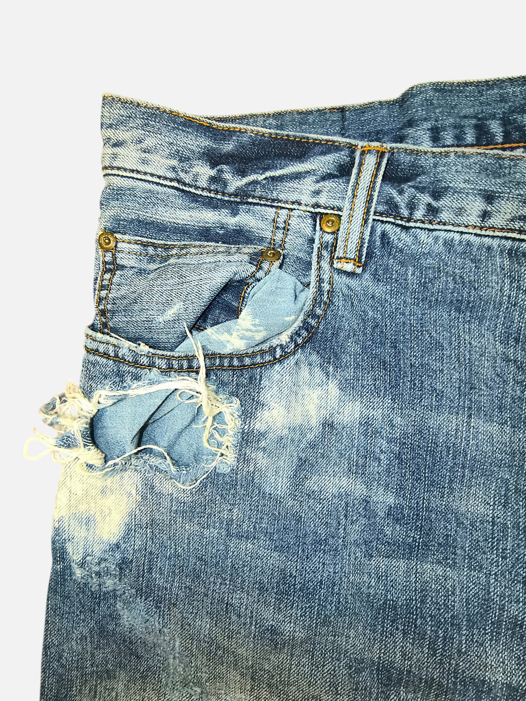 Awsum Thrift PRPS denim shorts in distressed blue wash with frayed pocket detailing and copper rivets
