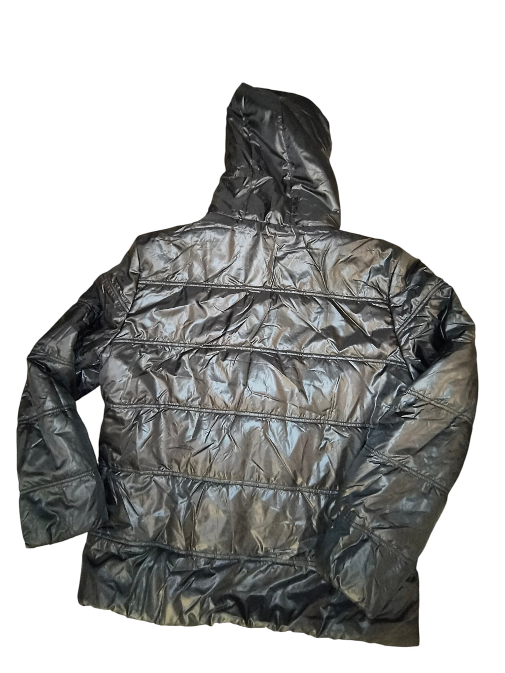 Awsum Thrift Adam Levine men's black quilted insulated nylon hooded jacket, back view.