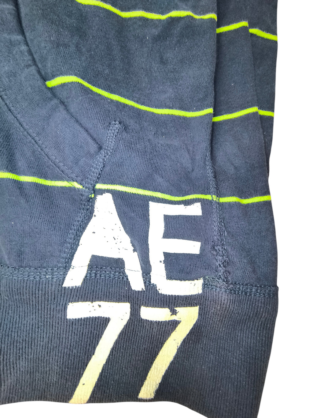 Awsum Thrift American Eagle Outfitters navy blue and neon green striped cotton hoodie with AE 77 graphic detail