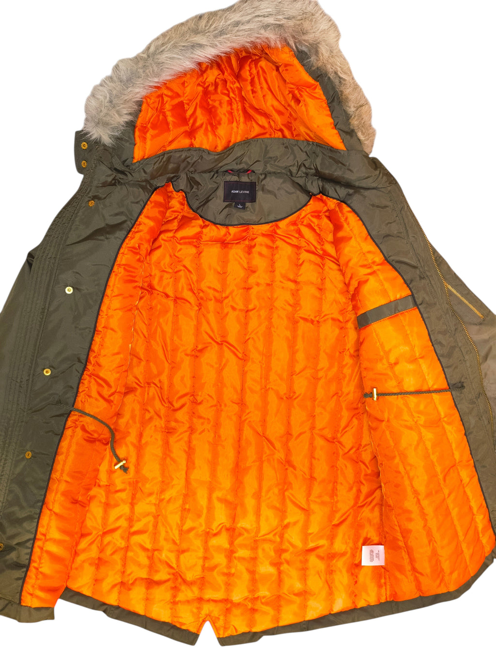 Awsum Thrift Adam Levine green parka coat with a bright orange quilted lining and a faux fur trimmed hood.