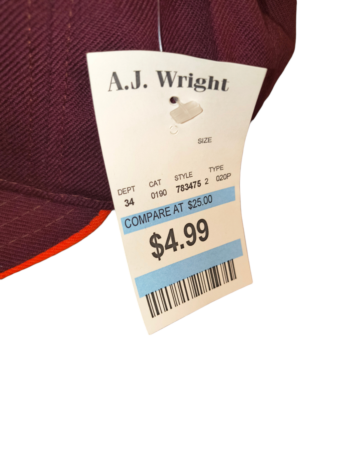 Awsum Thrift maroon NY baseball cap with a price tag attached