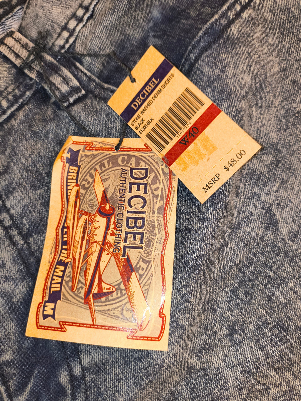 Awsum Thrift Decibel black stone washed denim shorts with original retail hangtags attached