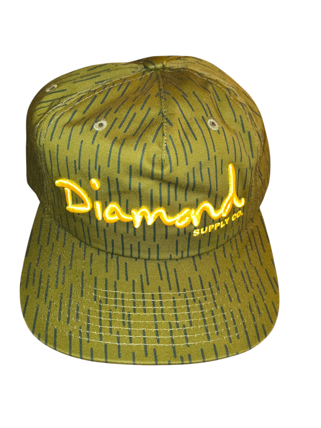 Awsum Thrift Diamond Supply Co. olive green rain camo snapback hat with yellow embroidered OG script logo