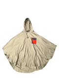 Awsum Thrift All Good khaki tan waterproof technical rain poncho with orange chest pocket and drawstring hood.