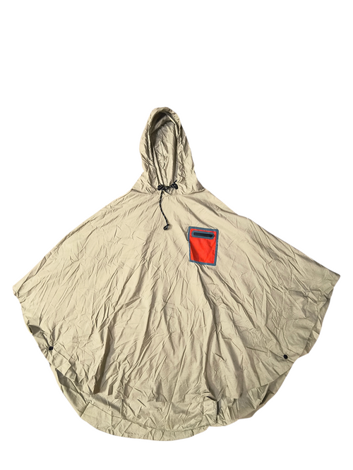 Awsum Thrift All Good khaki tan waterproof technical rain poncho with orange chest pocket and drawstring hood.