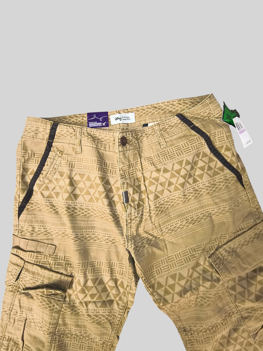 Awsum Thrift LRG khaki tan cotton cargo pants with all-over southwest Aztec geometric print and utility pockets.