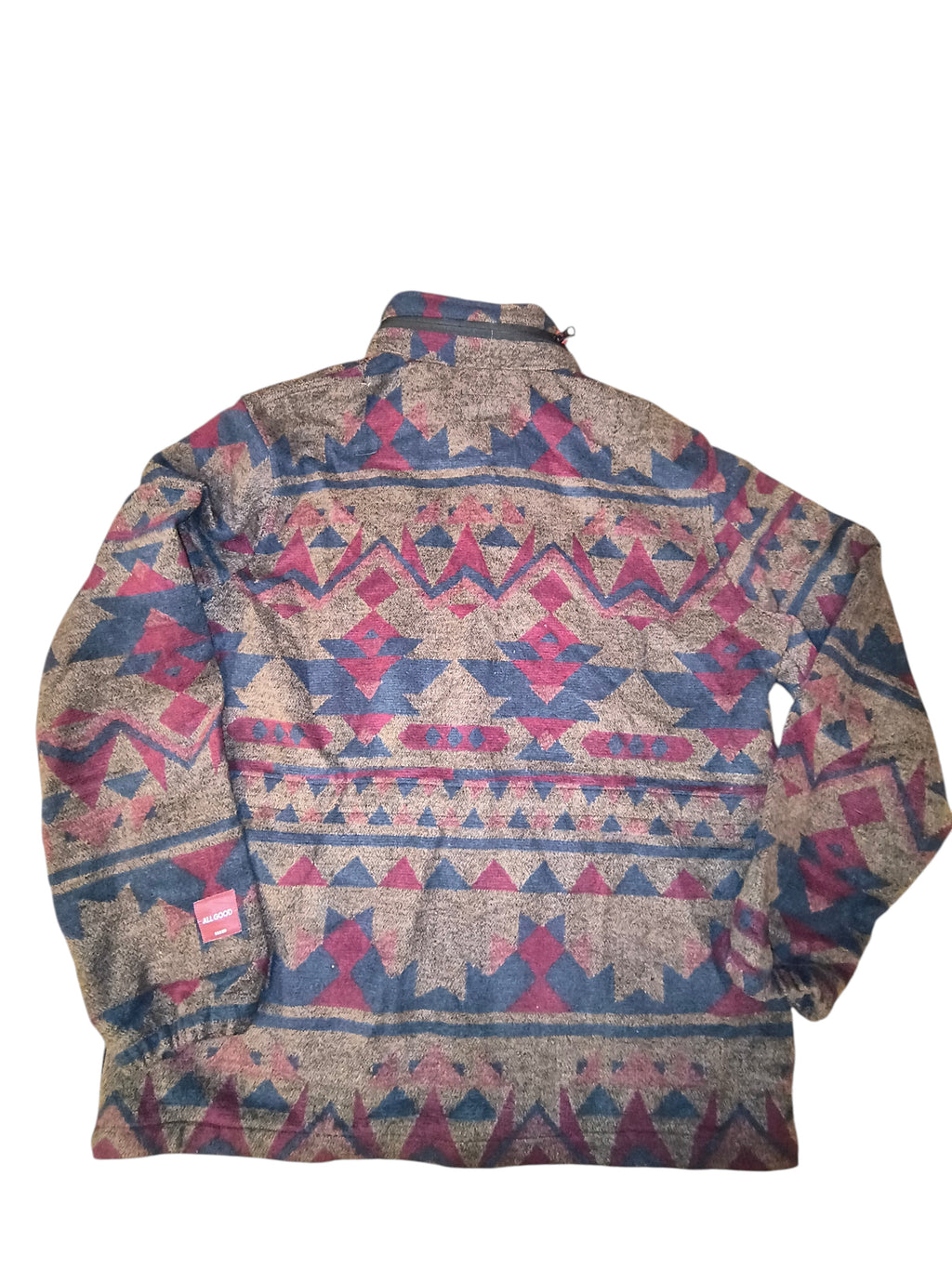 Awsum Thrift All Good men's fleece shirt jacket featuring a brown, burgundy, navy, and teal Aztec geometric pattern.