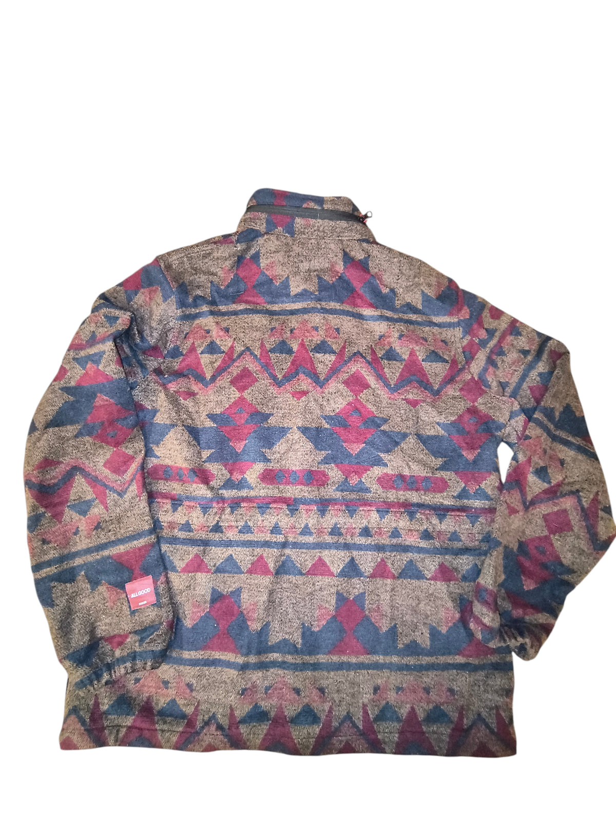 Awsum Thrift All Good men's fleece shirt jacket featuring a brown, burgundy, navy, and teal Aztec geometric pattern.