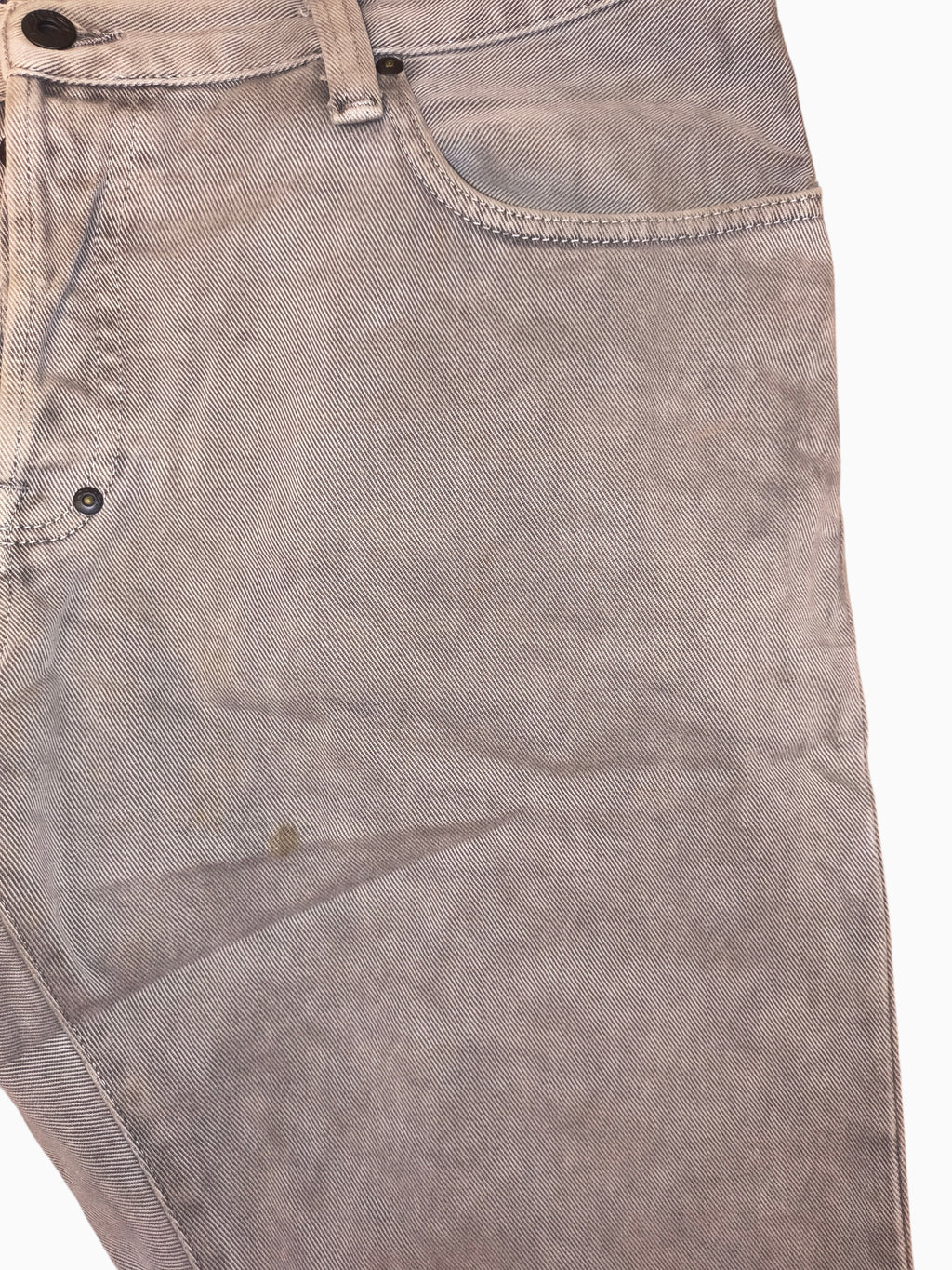 Awsum Thrift PRPS gray denim jeans featuring a diagonal twill texture and classic five-pocket construction.