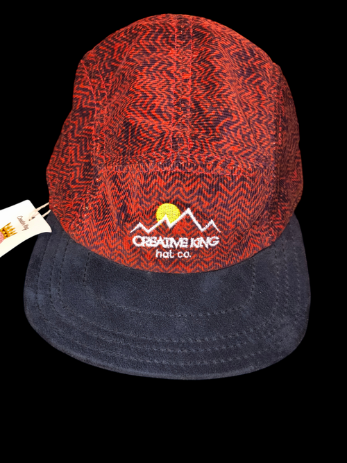 Awsum Thrift Creative King Hat Co. 5-panel camper hat with red and black chevron crown and soft black brim.