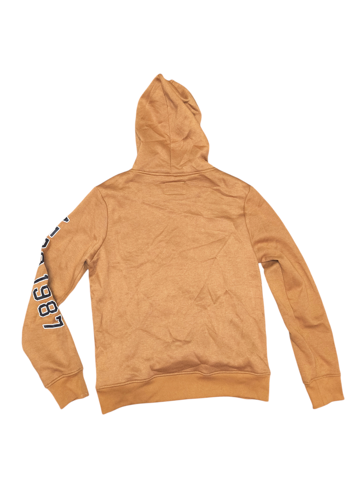 Awsum Thrift tan Aeropostale hoodie with 1987 graphic detail on the sleeve, shown from the back