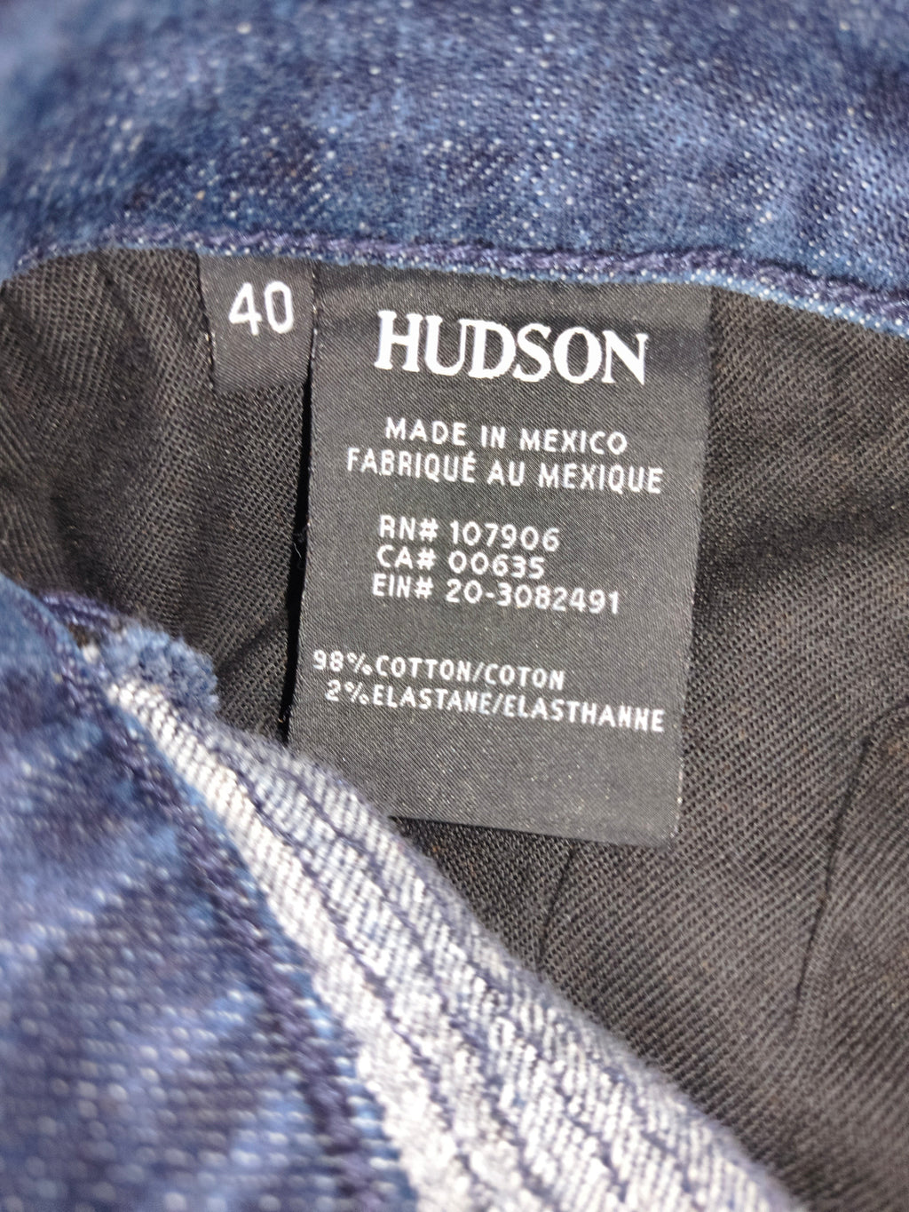 Awsum Thrift Hudson Jeans size 40 tag showing 98 percent cotton and 2 percent elastane blend made in Mexico