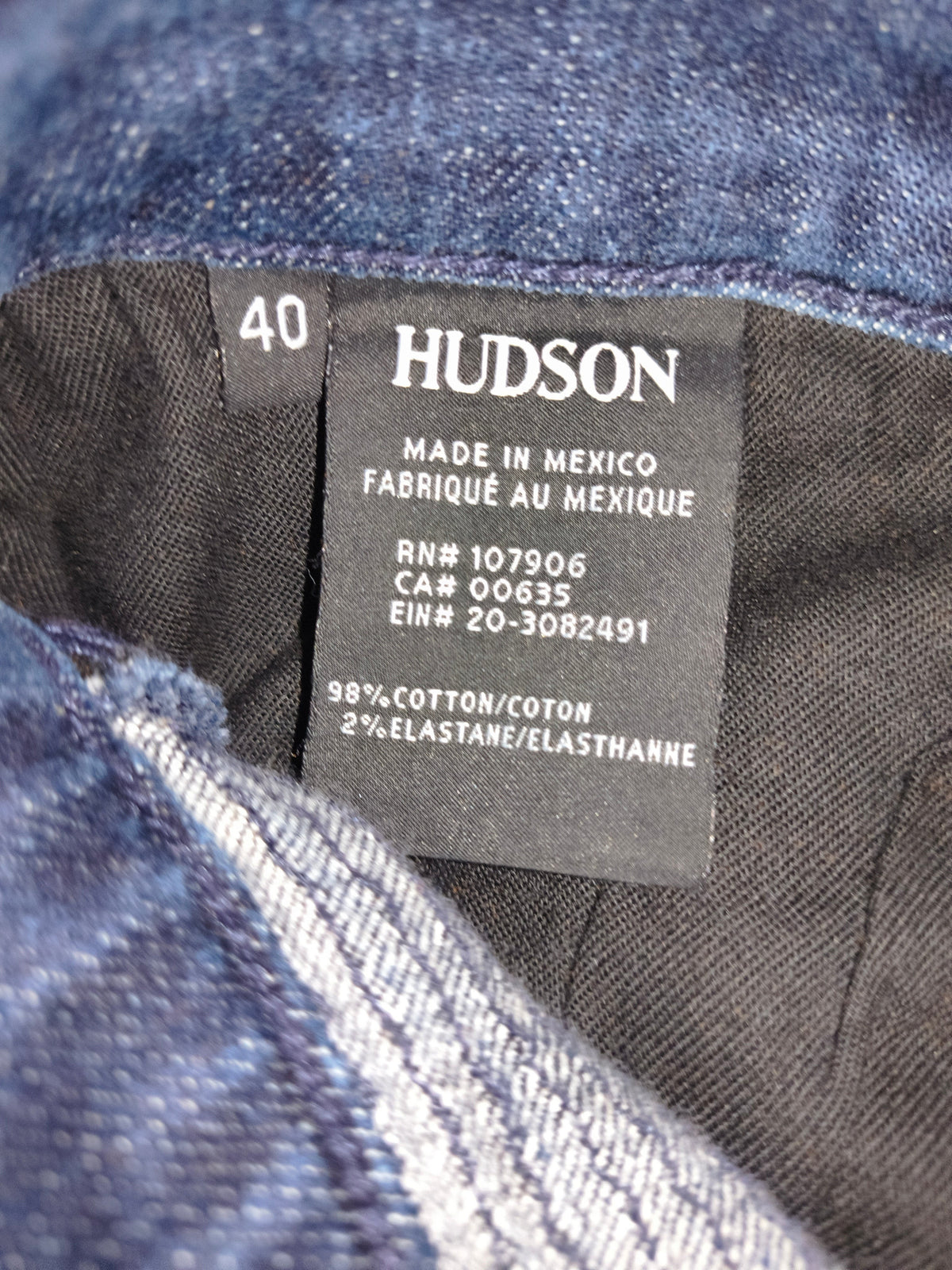 Awsum Thrift Hudson Jeans size 40 tag showing 98 percent cotton and 2 percent elastane blend made in Mexico