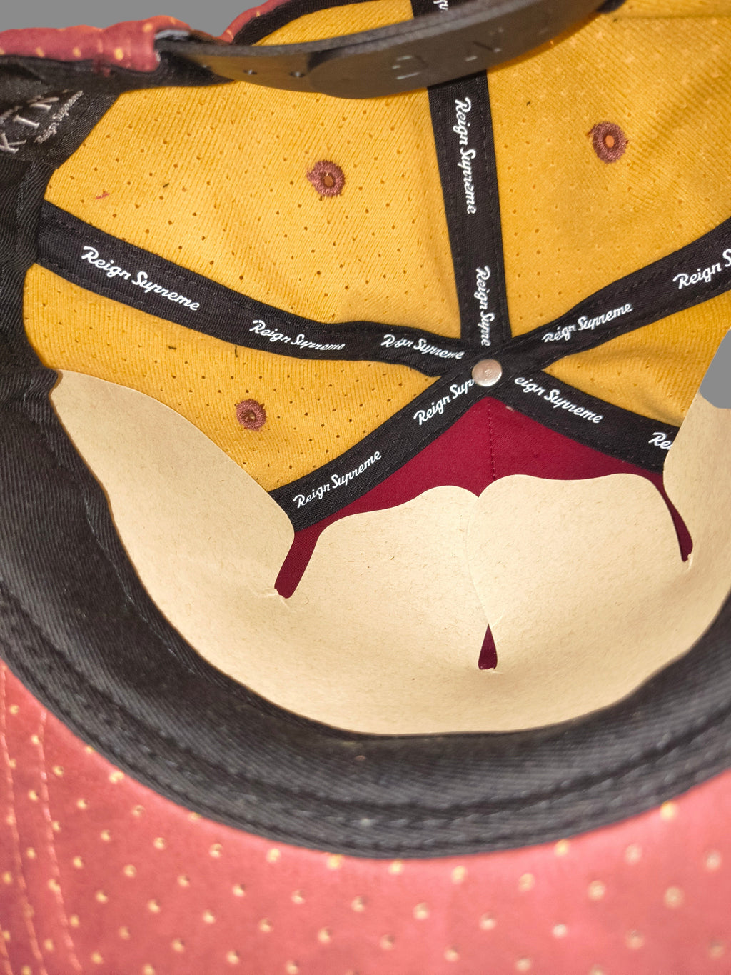Awsum Thrift King Apparel Reign Supreme snapback interior with gold mesh lining, black sweatband, and branded taping.