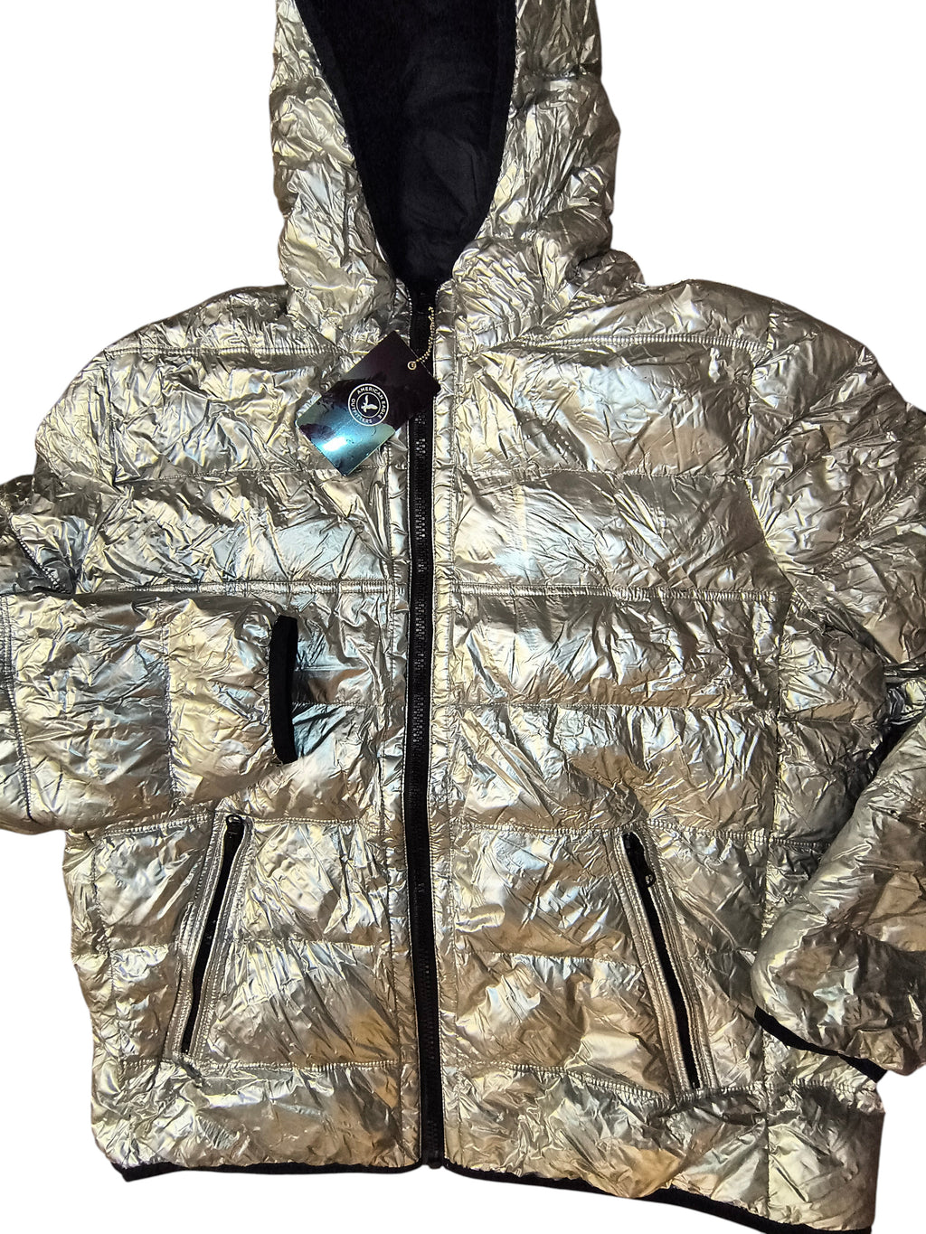 American Eagle Metallic Silver Hooded Foil Puffer Jacket - Men's L (EUC)