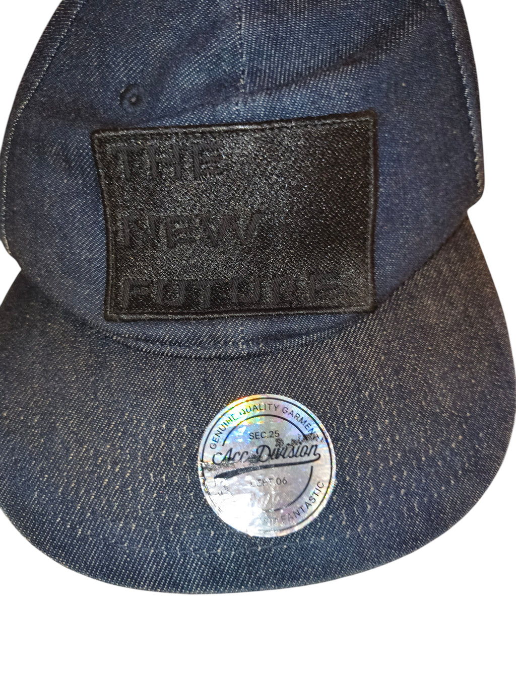 Awsum Thrift H&M blue denim snapback hat with a black The New Future patch and a circular holographic sticker