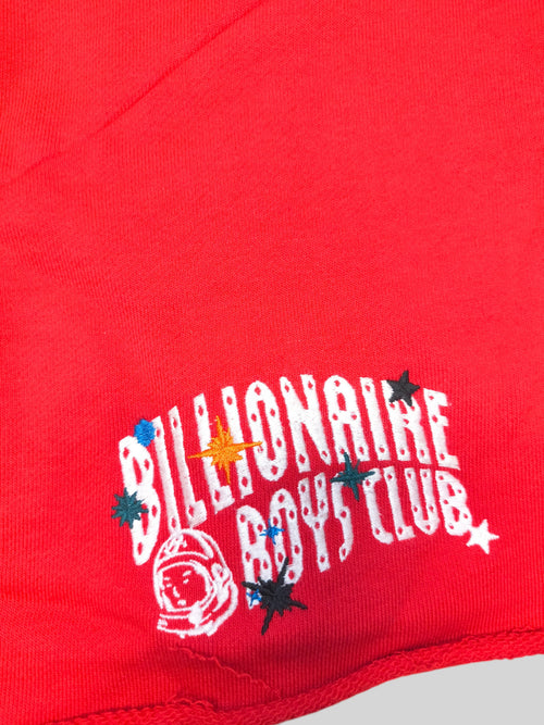 Awsum Thrift red Billionaire Boys Club cotton shorts featuring white embroidered logo and astronaut graphic detail
