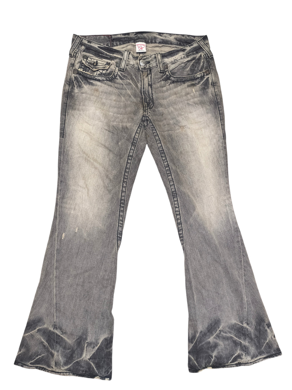 Awsum Thrift vintage True Religion grey denim bell bottom jeans with distressed wash and signature stitching