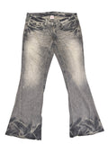 Awsum Thrift vintage True Religion grey denim bell bottom jeans with distressed wash and signature stitching