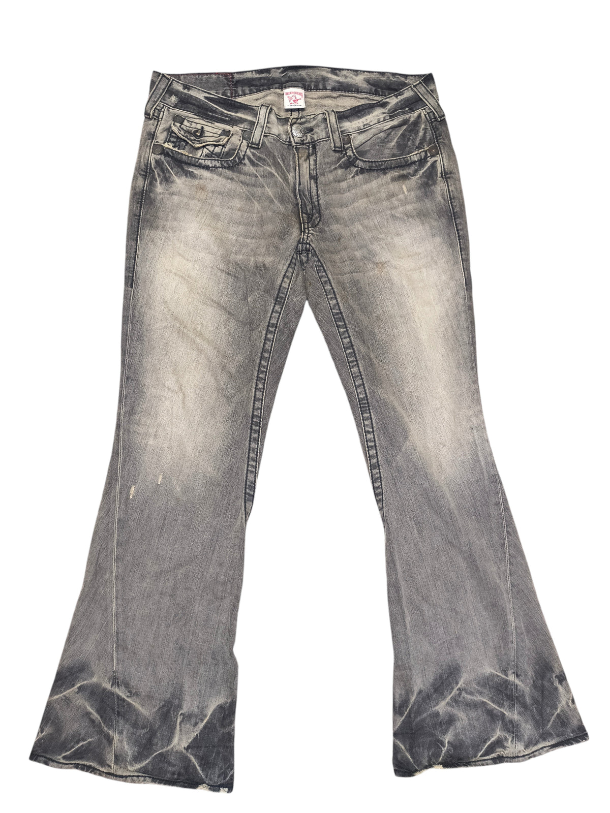 Awsum Thrift vintage True Religion grey denim bell bottom jeans with distressed wash and signature stitching