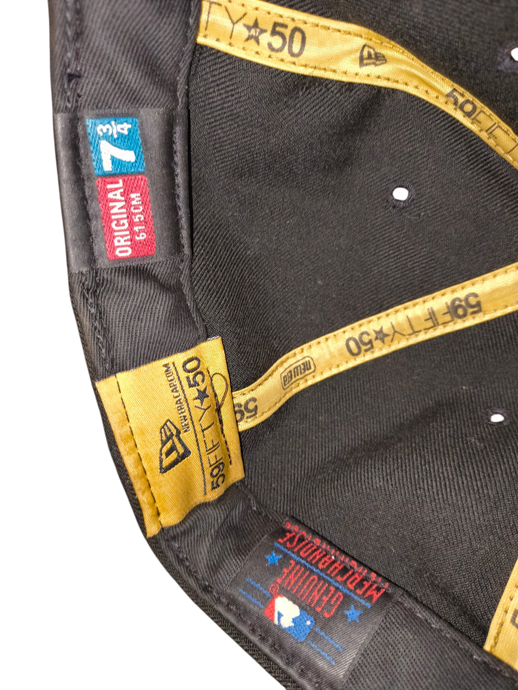 Awsum Thrift New Era 59FIFTY 50th Anniversary Yankees hat interior showing size 7 3/4 tag and gold branded taping