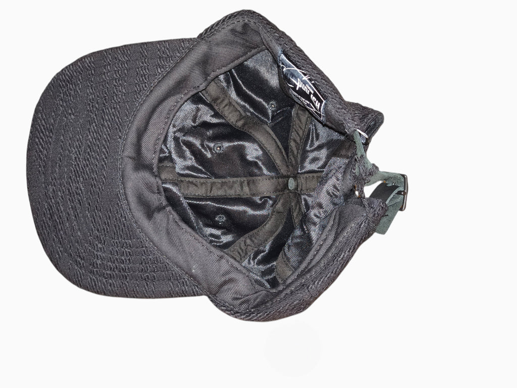 Awsum Thrift Publish Brand black 5-panel hat interior showing satin lining and leather strapback closure