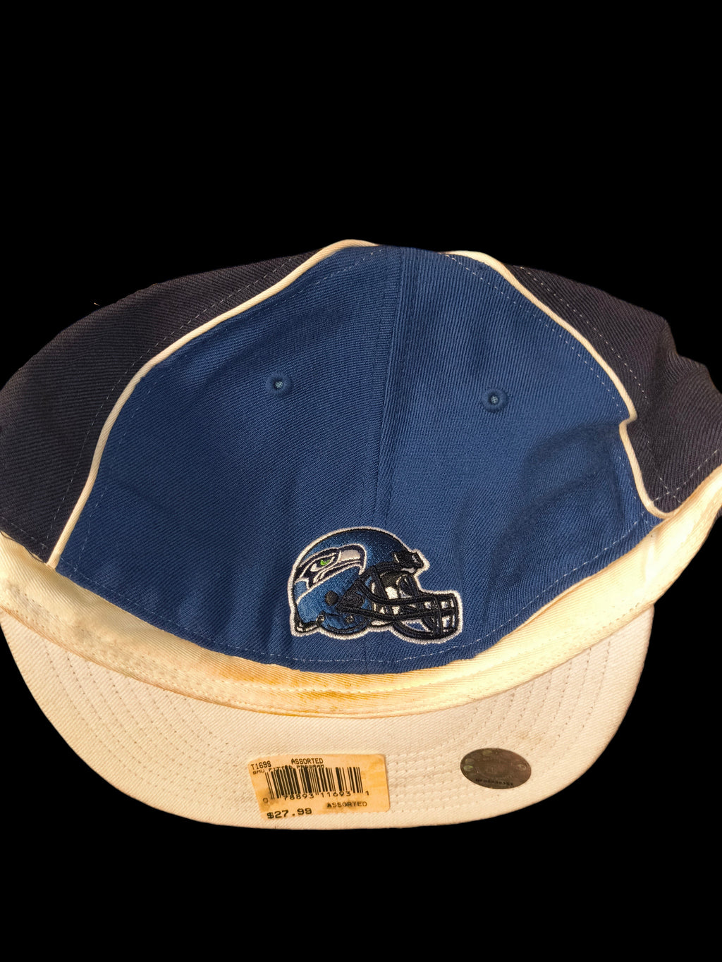 Awsum Thrift vintage Reebok NFL Equipment Seattle Seahawks fitted hat in navy and slate blue with embroidered logo.
