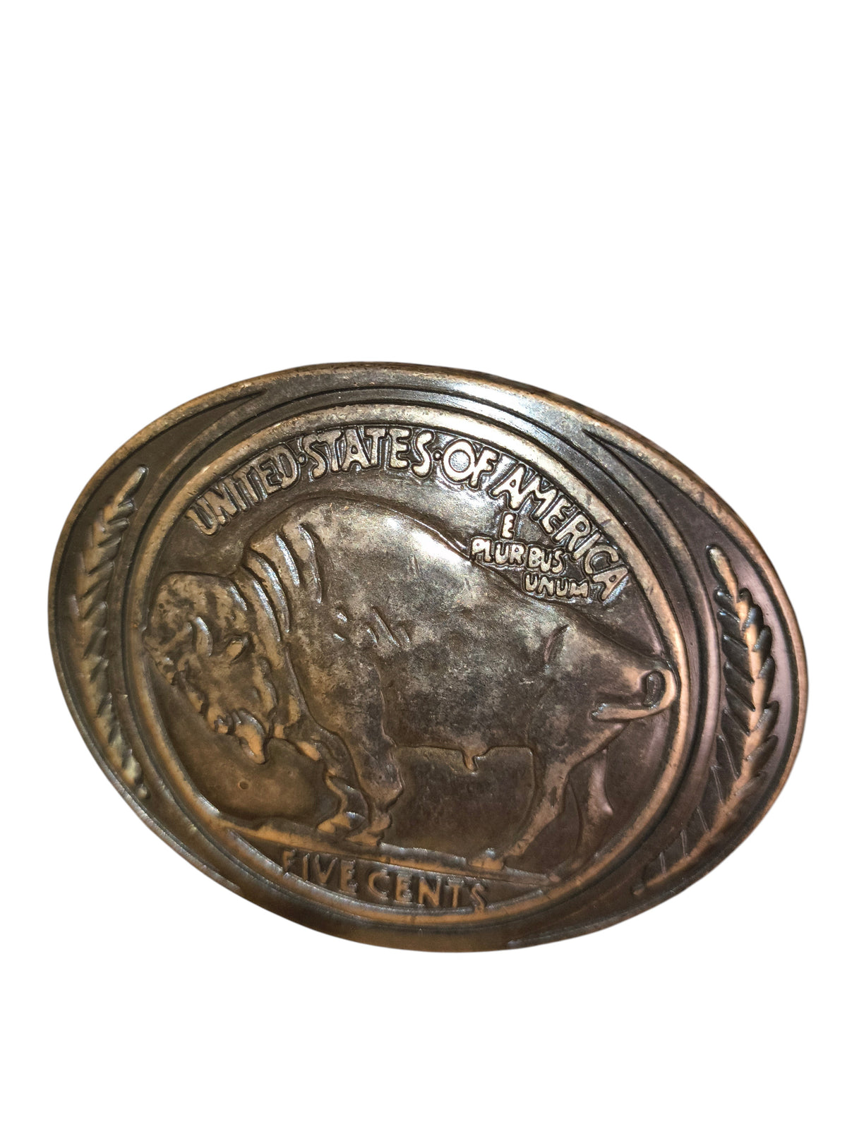Awsum Thrift vintage Eddie Bauer belt buckle featuring an antiqued silver-tone US Buffalo Nickel coin design