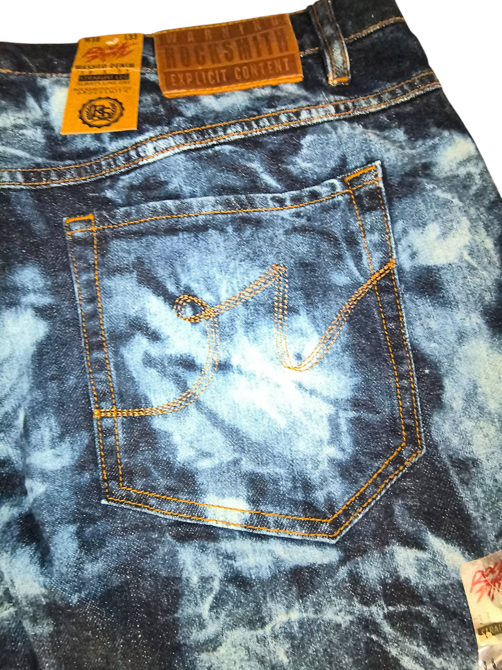 Awsum Thrift Rocksmith NYC tie-dye bleached straight jeans with embroidered back pocket and leather waist patch