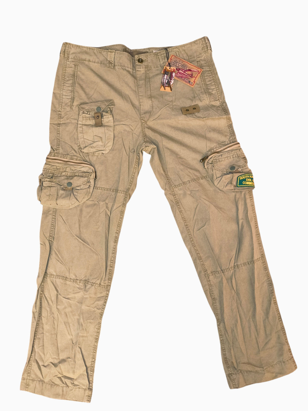 Awsum Thrift Decibel khaki tan cotton canvas tactical cargo pants with utility pockets and South Kapiti Plains patch