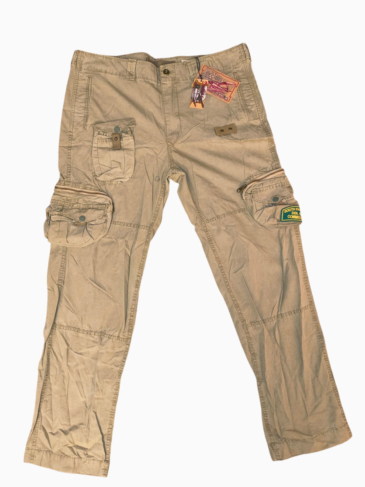 Awsum Thrift Decibel khaki tan cotton canvas tactical cargo pants with utility pockets and South Kapiti Plains patch