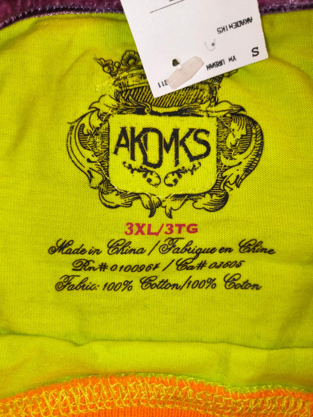 Awsum Thrift Akademiks lime green cotton graphic tee interior neck label with size 3XL and heritage shield logo