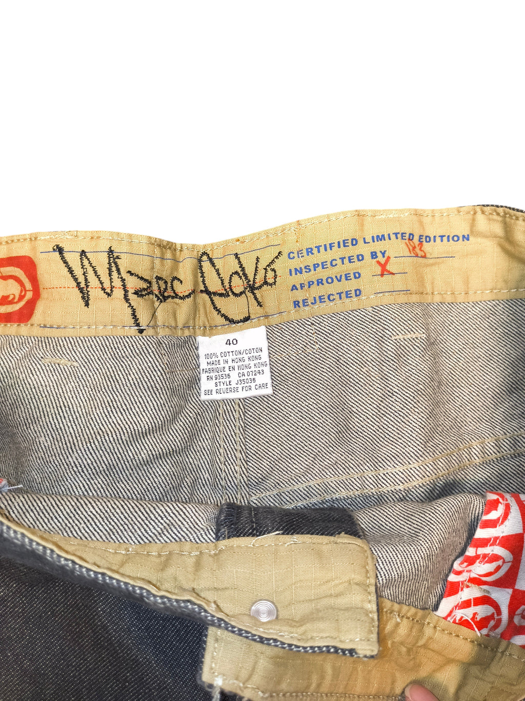 Awsum Thrift Ecko jeans featuring a tan waistband with embroidered logo and certified limited edition interior label